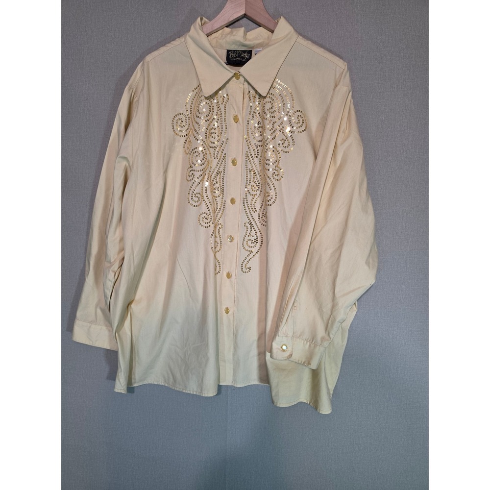 Bob Mackie Wearable Art Cream Sequin Button Down Shirt Plus Size 3X Long Sleeve